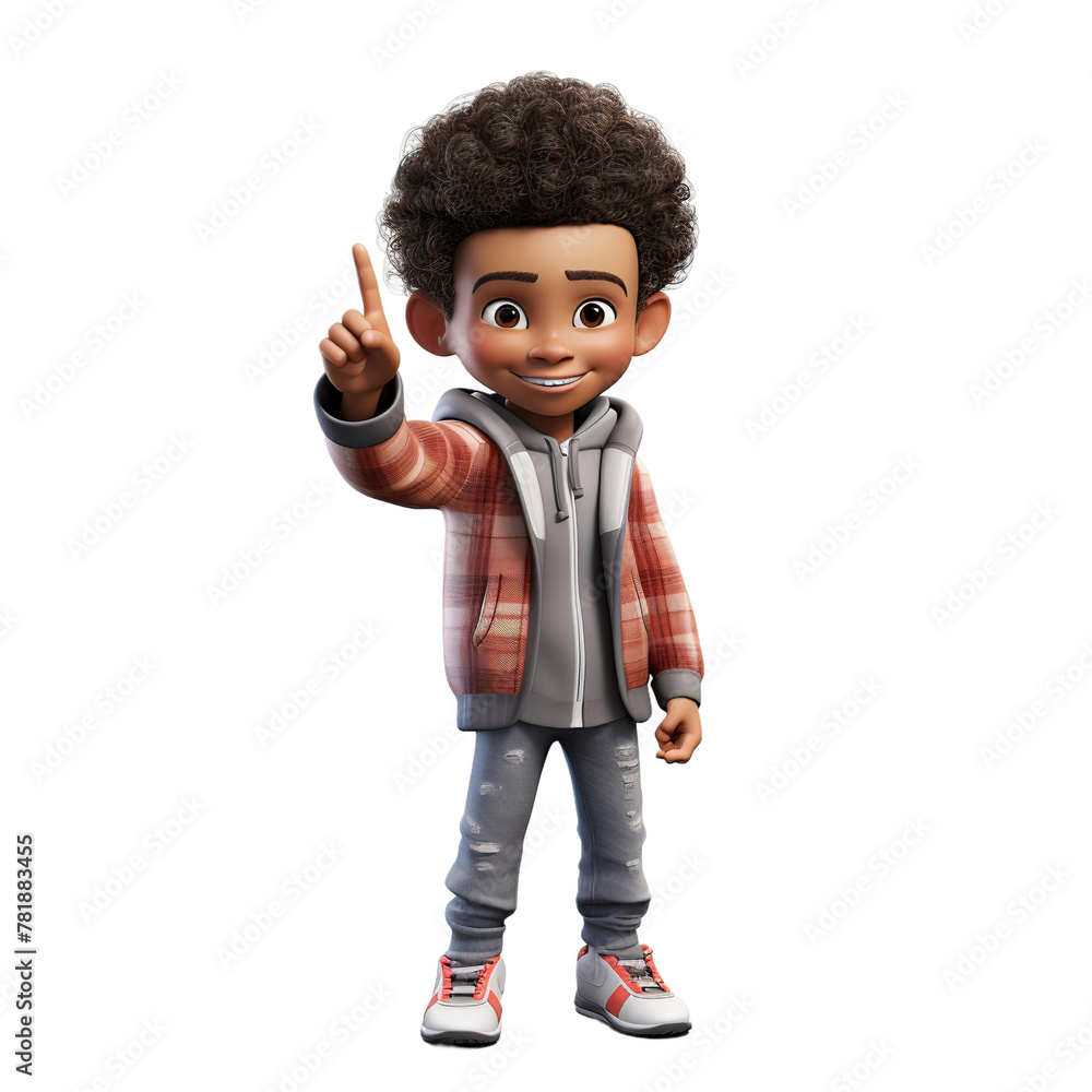 Afro boy pointing with index finger, 3D style, isolated on blank background. Afro boy pointing with index finger, 3D style, isolated on blank background.
