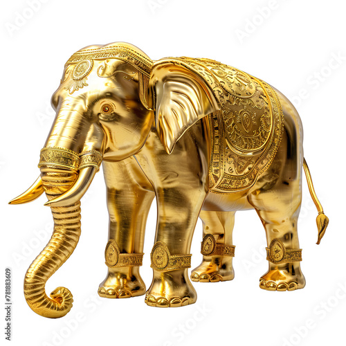 Golden elephant statue, Beautiful long tusk elephant. elephant walking On the elephant's back is a beautiful veil, Isolated on transparent background.