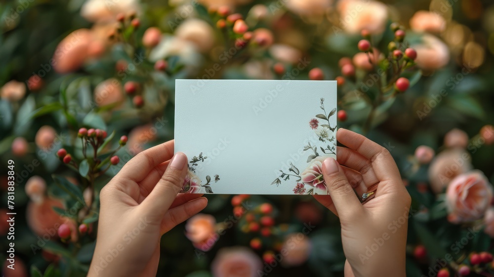 A hand holding a blank card in front of a rose bush. A hand holding a blank card in front of a rose bush.