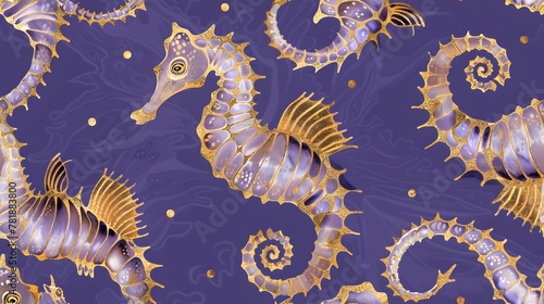 gold seahorses on blue background, seamless pattern