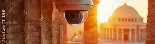 Security camera on a historic building faA ade, dawn, soft light on ancient stones, wide angle, blending past and present vigilance , golden hour lighting photo