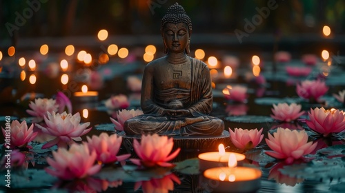 Tranquil Buddha Statue In Meditation Amidst A Pond Of Floating Lotus Flowers And Candles, Mystical Garden. Vesak, Spiritual Enlightenment, Spa Zen Decor Themes. AI Generated