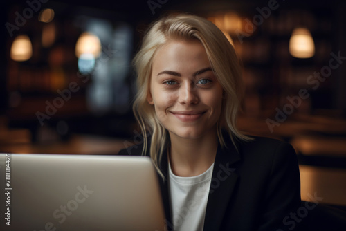 Young woman  with a smiling working on laptop