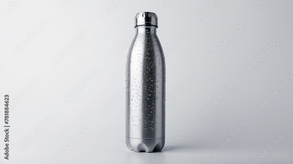 Stainless steel water bottle with condensation on a gray background.