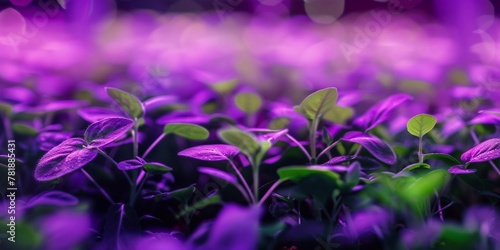 Microgreens Garden under purple LED lights in an indoor farm. Generative AI