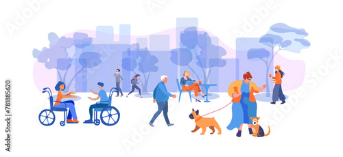 People going along city street With trees. Fashionable woman walks with a dogs. Urban panorama with buildings. The concept of including people with disabilities and people of different ages in social
