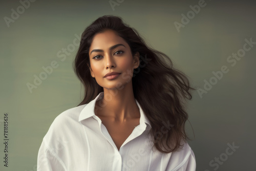 Fashion portrait of a smiling beautiful young female of Indian ethnicity with long flowing hair