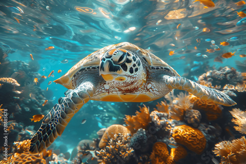 Sea turtle swimming among caribbean corals in a turquoise sea or ocean water