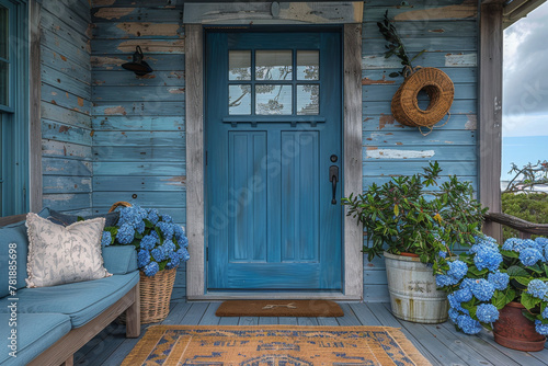 Blue coastal entrance door with a blue ship-lap walls