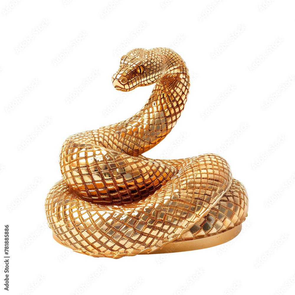 Fototapeta premium Golden snake statue, a coiled snake raised its neck high, and stared at something, Isolated on transparent background.