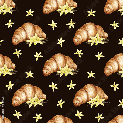 Watercolor seamless pattern of Croissants, vanilla flowers and pods. Traditional French breakfast bun. Background of Pastry for design of labels, packaging of goods, cards, for bakehouse, bakeshop.