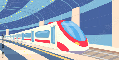 Railway. Metro station. Night Train. Passenger carriages on an empty platform. Transport for travel. Departure of the train from the platform. Vector illustration