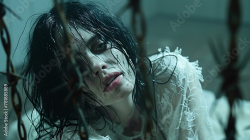 A woman with long black hair is trapped in a cage. She is wearing a white dress and has a look of fear on her face