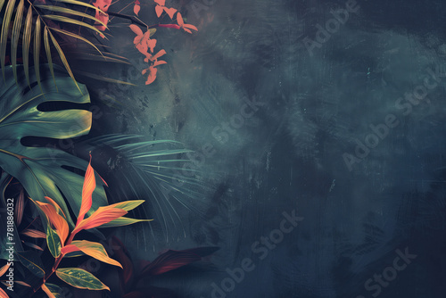 Slide Background with tropical leaves boarder on a white wall. Background image. Created with Generative AI technology.