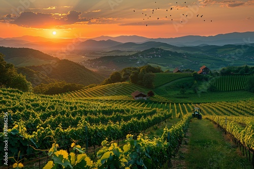 Sunset over a Vineyard A serene landscape Generative AI