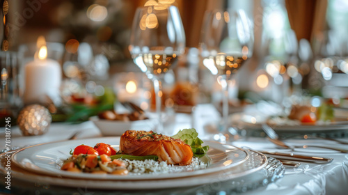Luxury food service, main course served at a restaurant or formal dinner event in classic English style in the luxurious hotel