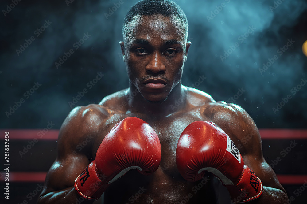 portrait of a black male boxer in red gloves in boxing ring close up