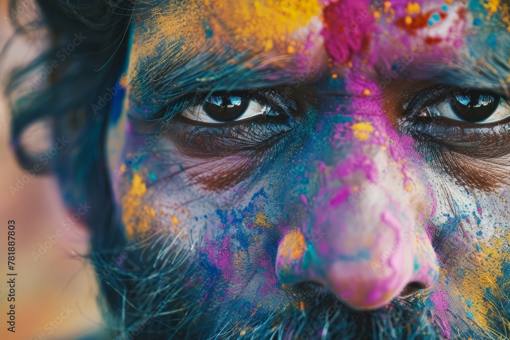 Close-up face shot of Indian young man covered in Holi Powder. Holi color fest celebrating in India