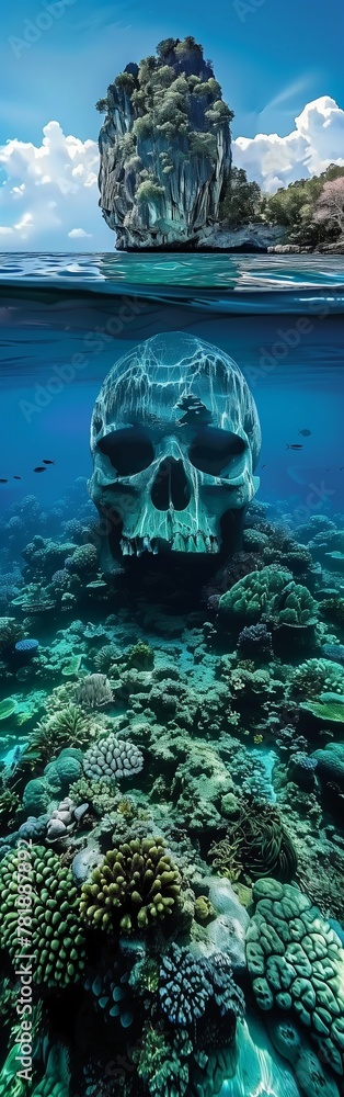 Underwater skull illusion among vibrant coral reefs with looming limestone island Underwater skull illusion among vibrant coral reefs with looming limestone island