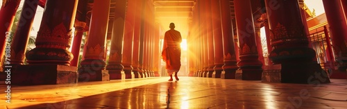 Monk walking through temple corridor at sunrise in serene spiritual scene photo