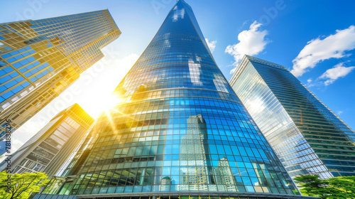 A tall building with a large glass window and a sun shining on it. The sun is reflecting off the glass  creating a beautiful and bright scene