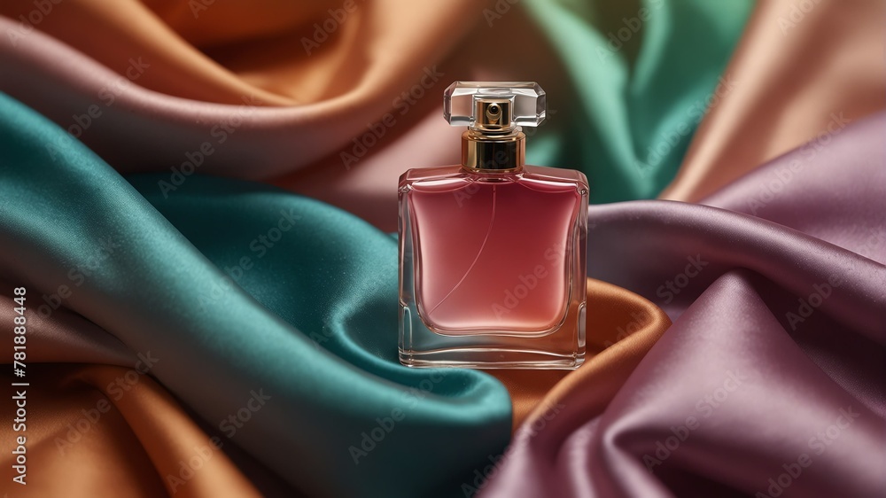 colorful gradient smooth silk satin fabric background with beautiful glass for womens perfume bottle from Generative AI colorful gradient smooth silk satin fabric background with beautiful glass for womens perfume bottle from Generative AI