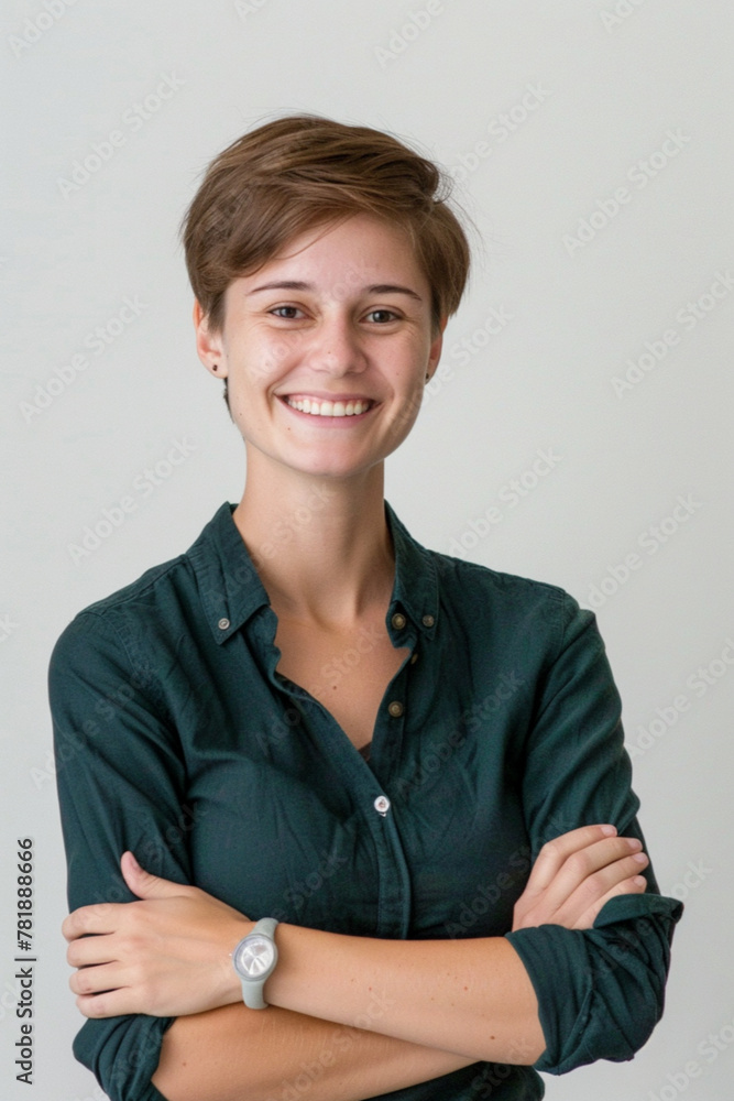 female startup employee, 26 years old, french, smiling, casual attire, arms crossed, white background female startup employee, 26 years old, french, smiling, casual attire, arms crossed, white background