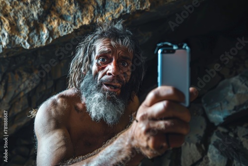 Ancient Man Takes a Selfie, Modern Technology in Cavemen Hands, Wild Man with Smartphone photo