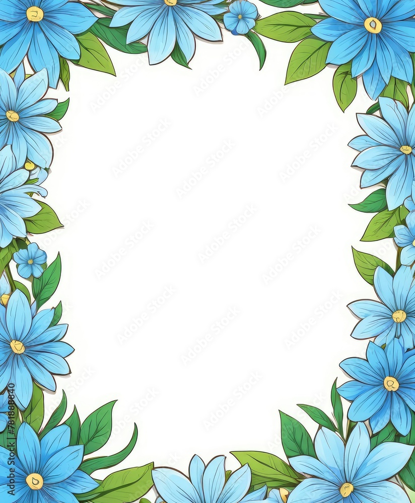 Fototapeta premium Dive into tranquility with our hand-drawn blue floral frame illustration. An open space awaits your text or photo