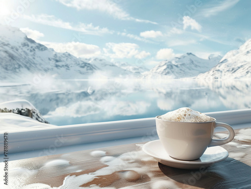 3D vector illustration of hot coffee overlooking a frozen lake, © elbanco