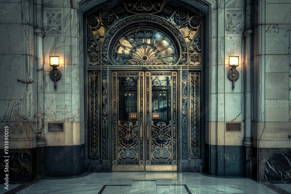 Fototapeta premium Old Bank Door, Art Deco Enter, Luxury Treasury Door, Ornate Bank Gate, Art Nouveau Architecture
