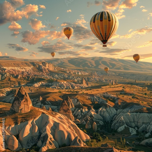 Balloon Tourism, Air Balloons in Sky, Mountain Landscape with Ballooning, Turkey Landscape