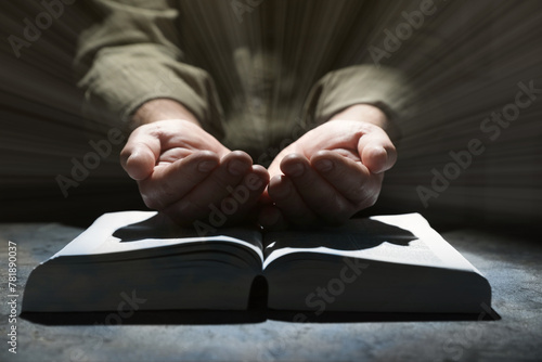 Religion. Christian man praying over Bible at table, closeup