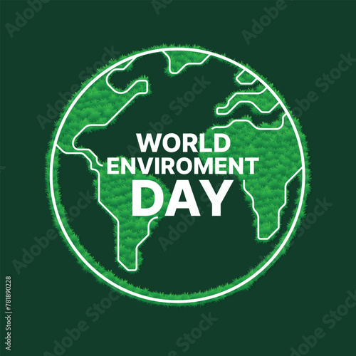 World Enviroment day - White text on green globe world with leaf texture and white line on dark green background vector design