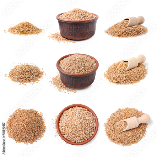 Set with dry wheat groats isolated on white, top and side views