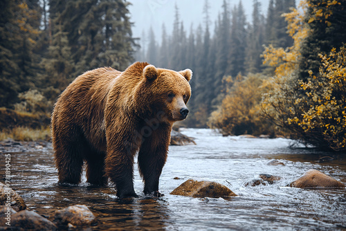 large brown grizzly bear catch fish in forest river