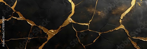 Gold Black Background, Golden Luxury Kintsugi Texture, Vantablack Mockup with Gold Metal Pattern photo