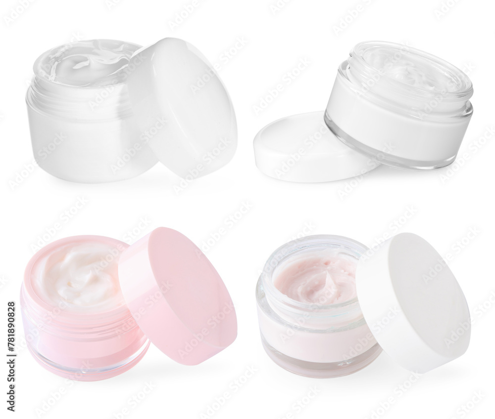 Jars with body cream isolated on white, set. Skin care product Jars with body cream isolated on white, set. Skin care product