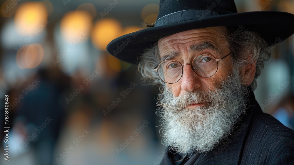 Elderly man with a beard wearing a black hat. Detailed portrait with blurred background