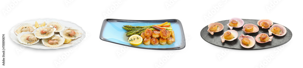 Delicious fried scallops isolated on white, set Delicious fried scallops isolated on white, set