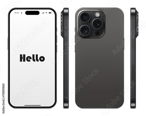 new frameless smartphone grey color with blank screen, front, back and side view, isolated on white background. mockup of realistic and detailed mobile phone with shadow. vector illustration
