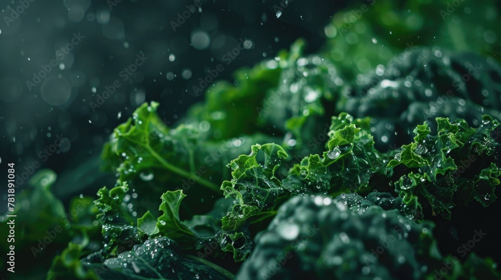 Kale leaves with water droplets close-up Kale leaves with water droplets close-up