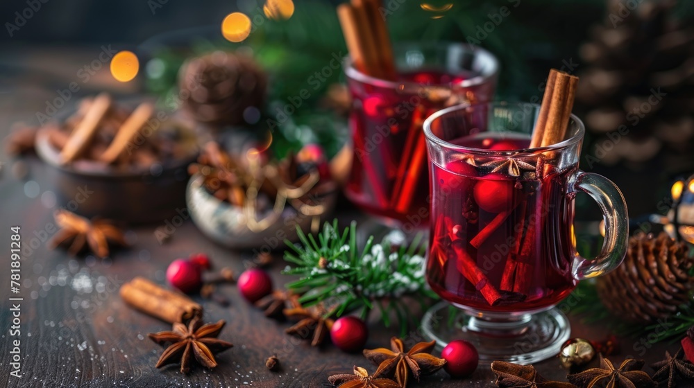 Mulled wine in glasses with Christmas decorations.
