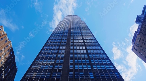 Low angle view of a modern skyscraper against a blue sky.
