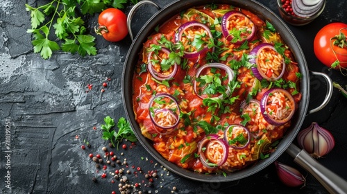 Vegetable shakshuka in a black skillet with parsley and onion garnish.