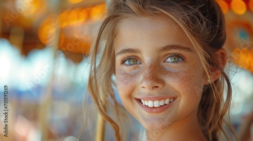 Joyful Young Girl with Freckles Enjoying Carousel Ride at Sunset. International Children's Day