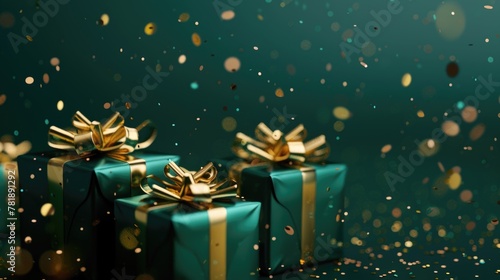Emerald green gift boxes with golden ribbons and glitter on a dark background with bokeh effect