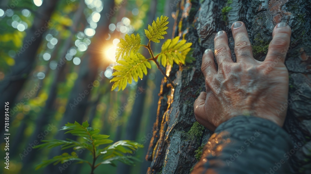 Human Hand Touching Tree Bark in Lush Forest with Sunlight
