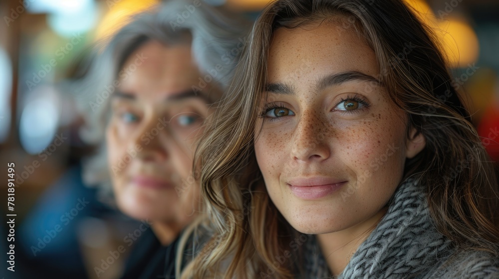 Portrait of a young woman with freckles and an elderly woman in soft focus in the background Portrait of a young woman with freckles and an elderly woman in soft focus in the background
