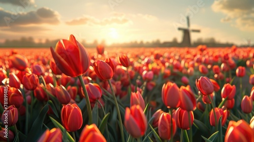 Sunset Over Tulip Field with Traditional Windmill Scenery